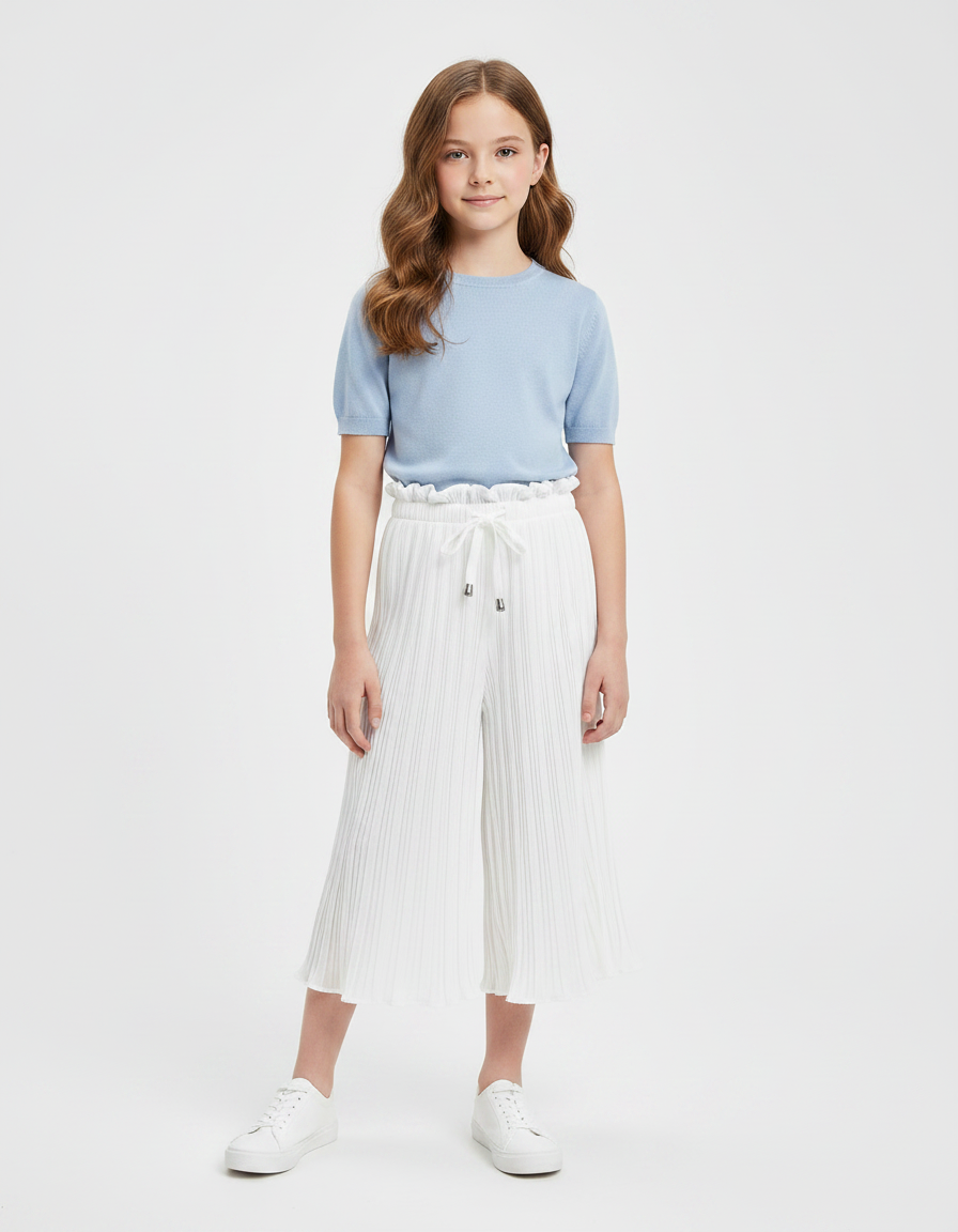 Pantalon Jupe Blanc Plissé Fluide Enfant Décontracté - Polyester