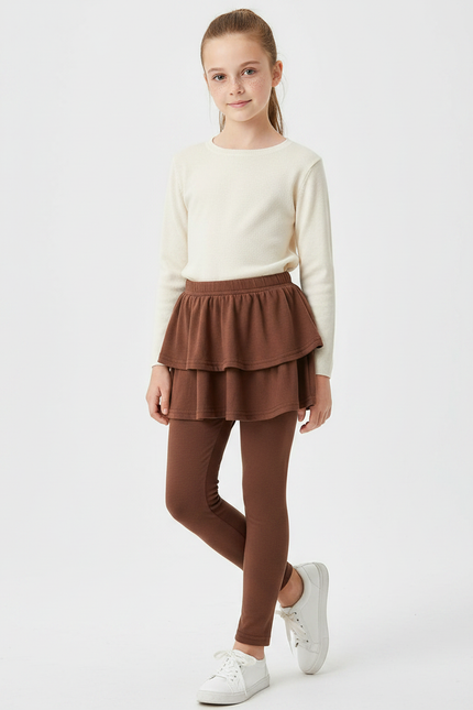 Pantalon Jupe Marron Superposé Volants Coton Confortable Fille