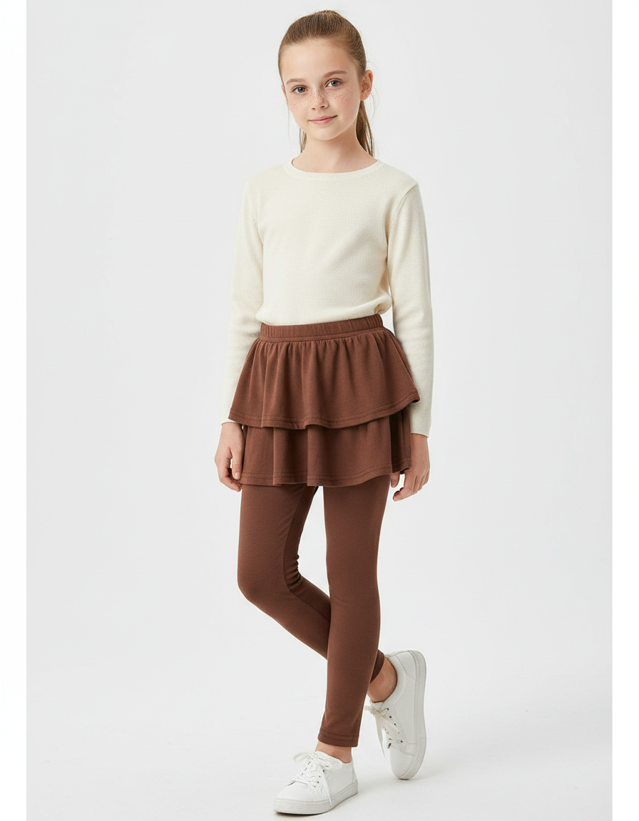 Pantalon Jupe Marron Superposé Volants Coton Confortable Fille