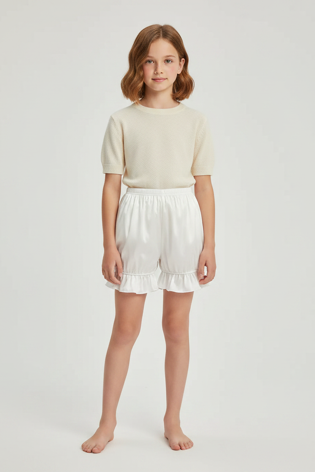 Pantalon Jupe Blanc Satin Volants Bouffant Court Fille