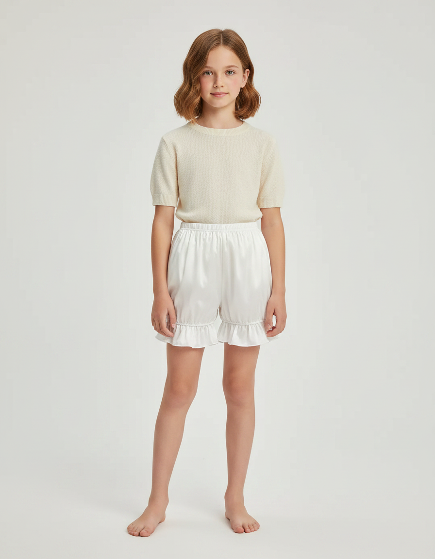 Pantalon Jupe Blanc Satin Volants Bouffant Court Fille