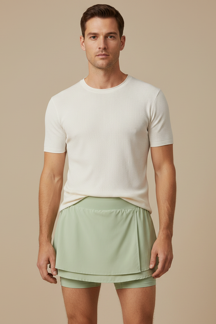 Pantalon Jupe Vert Côtelé Superposé Sportif Court - Polyester