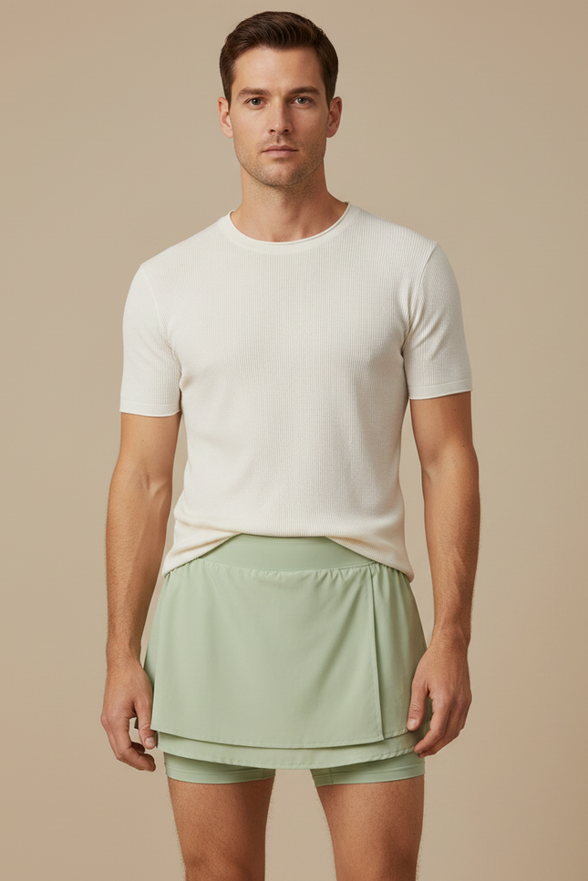 Pantalon Jupe Vert Côtelé Superposé Sportif Court - Polyester