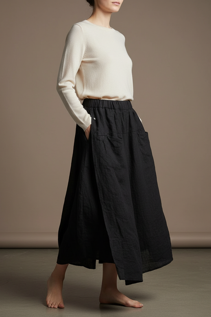 Pantalon Jupe Noir Lin Ample Décontracté Fendu Long