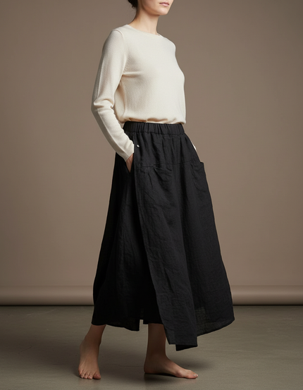 Pantalon Jupe Noir Lin Ample Décontracté Fendu Long