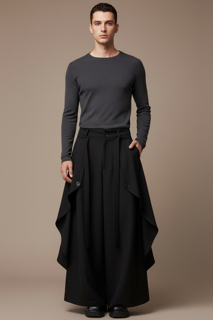 Pantalon Jupe Noir Ample Asymétrique Unisexe Moderne - Polyester