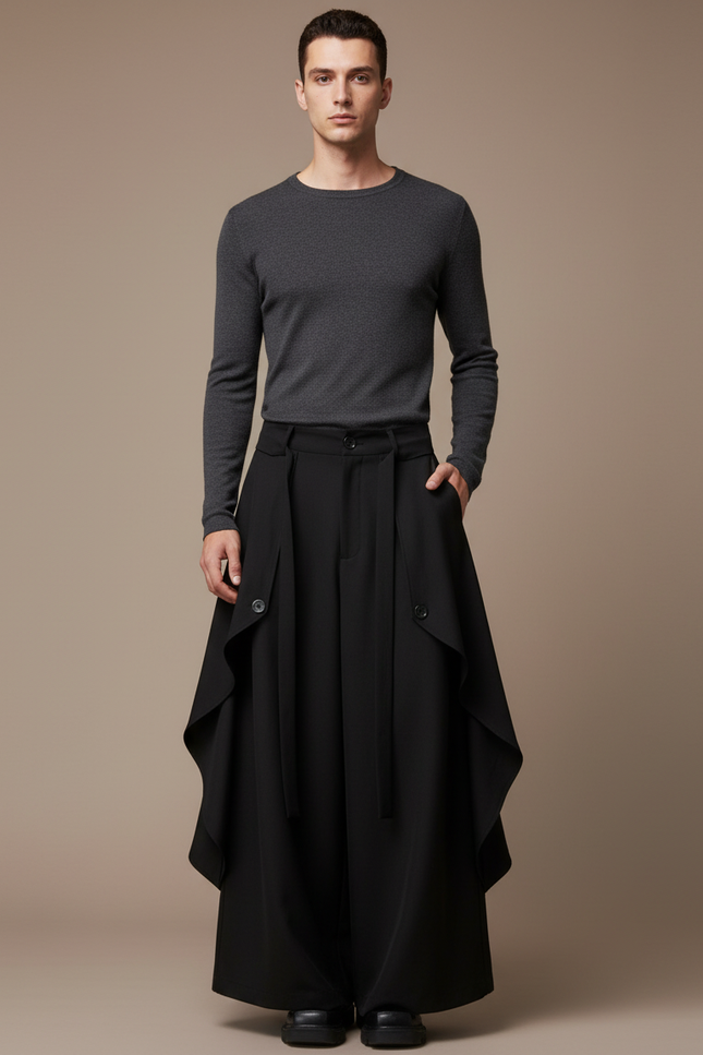 Pantalon Jupe Noir Ample Asymétrique Unisexe Moderne - Polyester