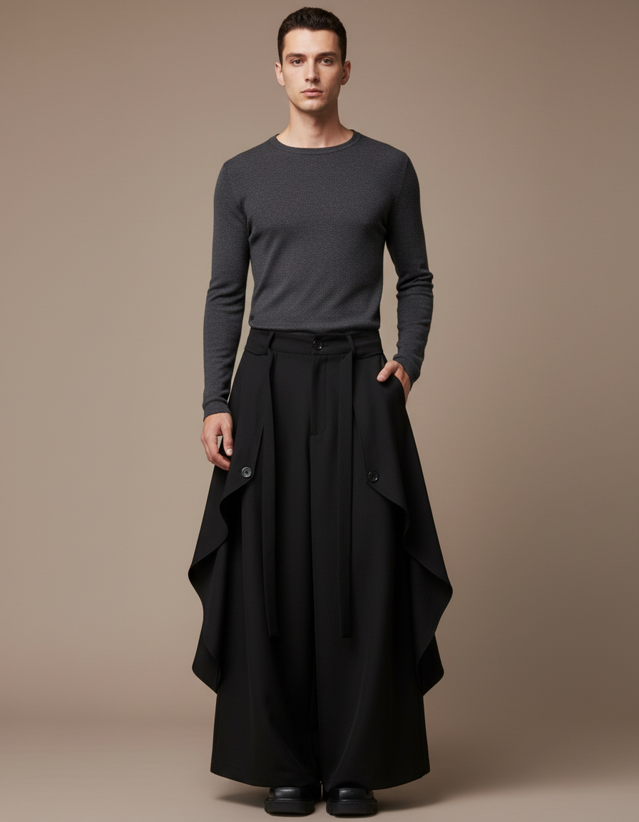 Pantalon Jupe Noir Ample Asymétrique Unisexe Moderne - Polyester