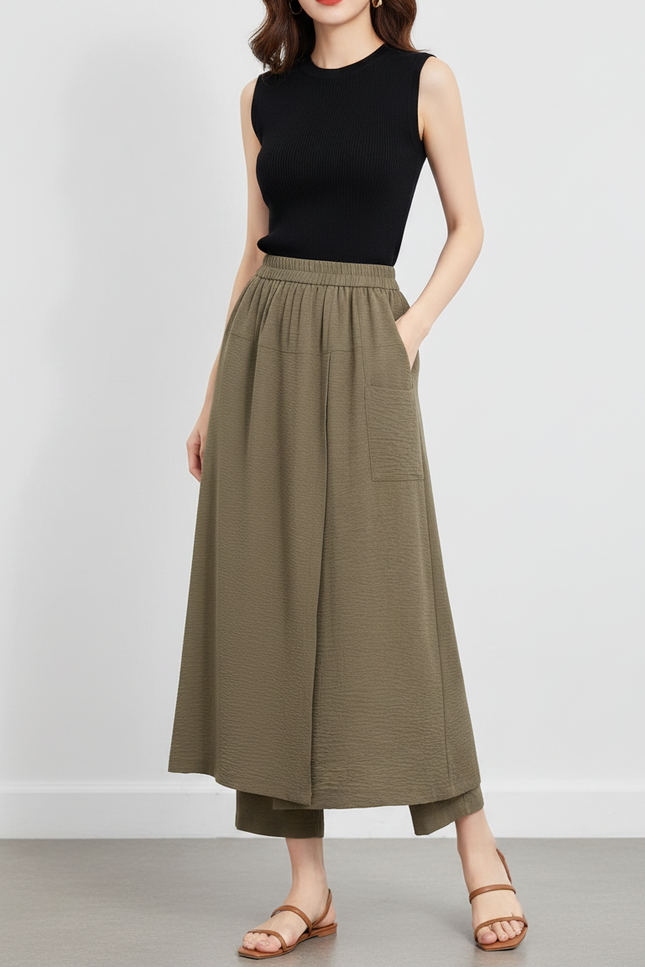 Pantalon Jupe Kaki Fluide Ample Confortable Décontracté - Viscose