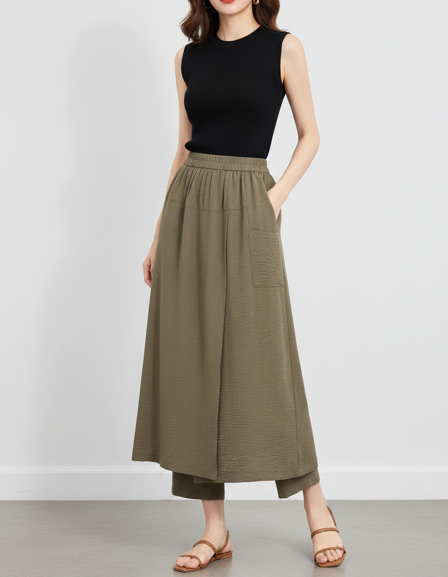 Pantalon Jupe Kaki Fluide Ample Confortable Décontracté - Viscose