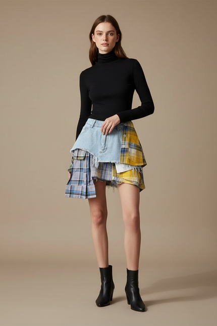 Pantalon Jupe Denim Plaid Asymétrique Déstructuré Femme - Multicolore Jean