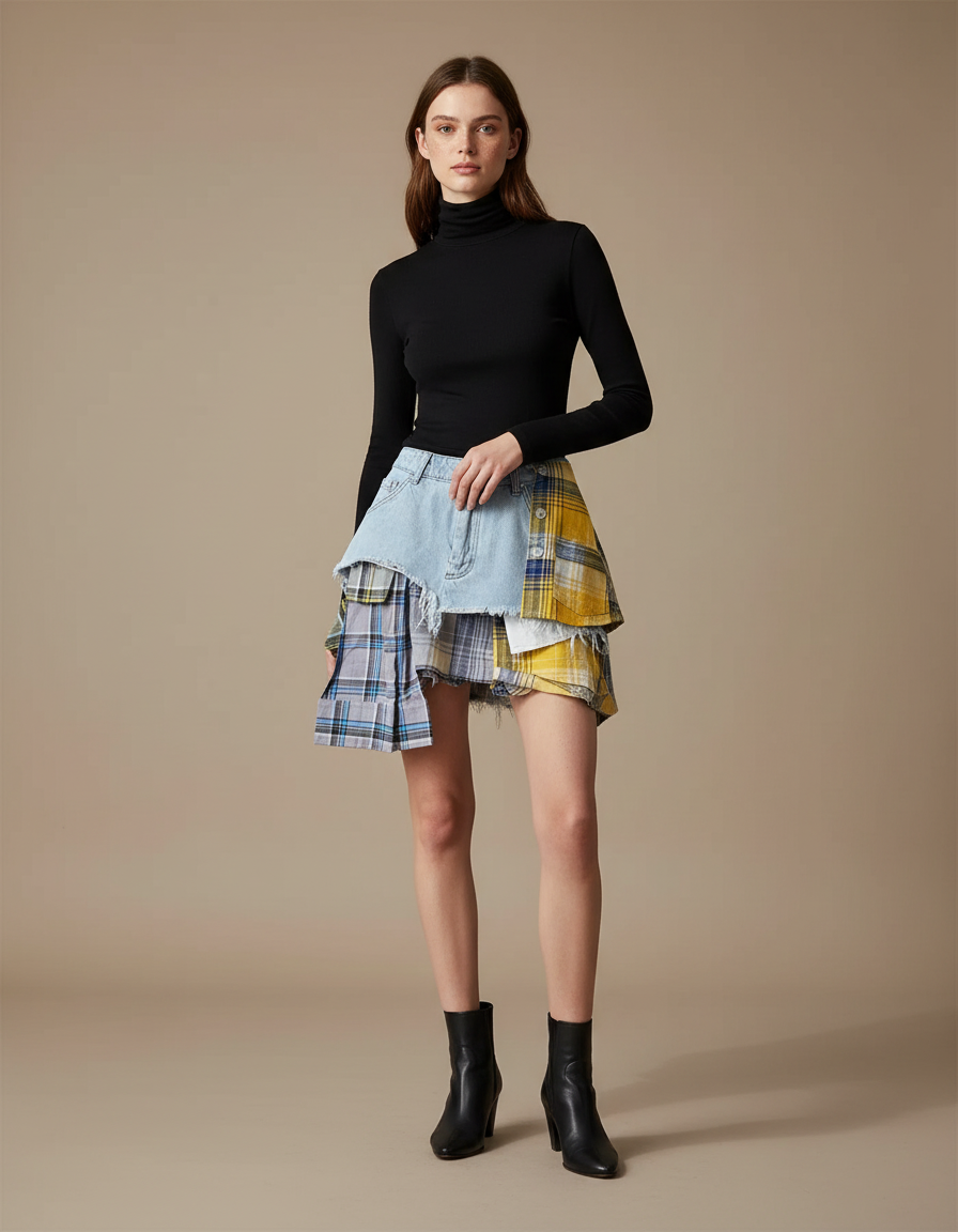 Pantalon Jupe Denim Plaid Asymétrique Déstructuré Femme - Multicolore Jean