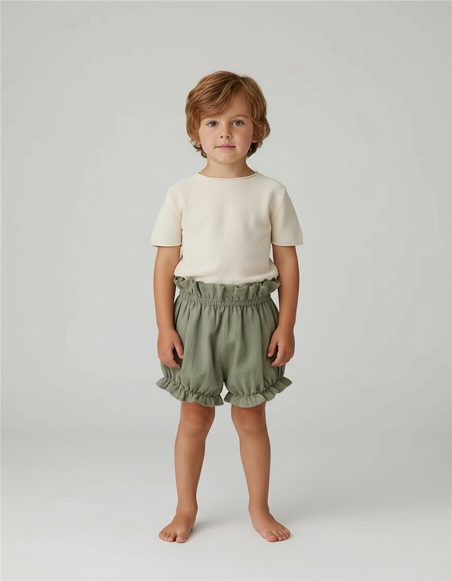 Pantalon Jupe Vert Coton Lin Volants Enfant - Kaki