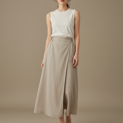 Pantalon Jupe Beige Lin Ample Superposé Fluide