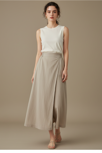 Pantalon Jupe Beige Lin Ample Superposé Fluide