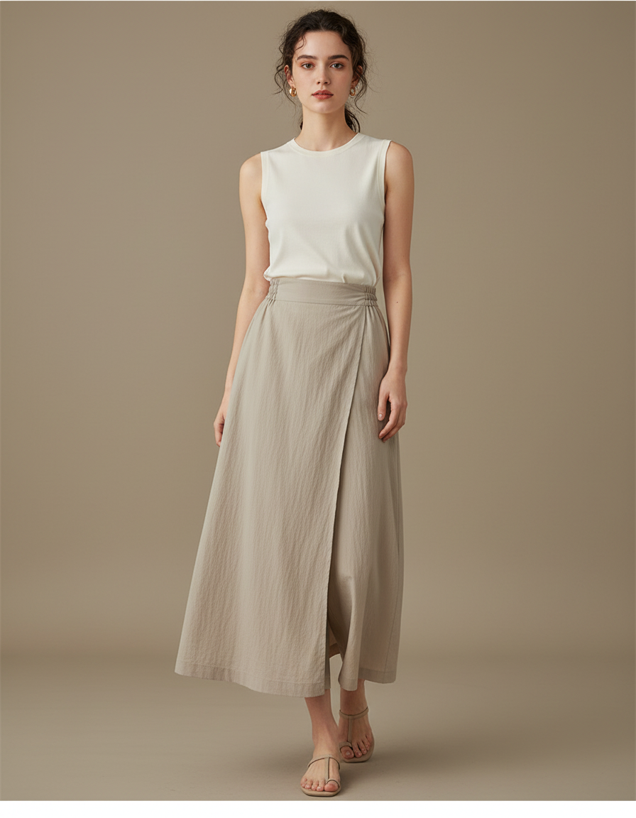 Pantalon Jupe Beige Lin Ample Superposé Fluide