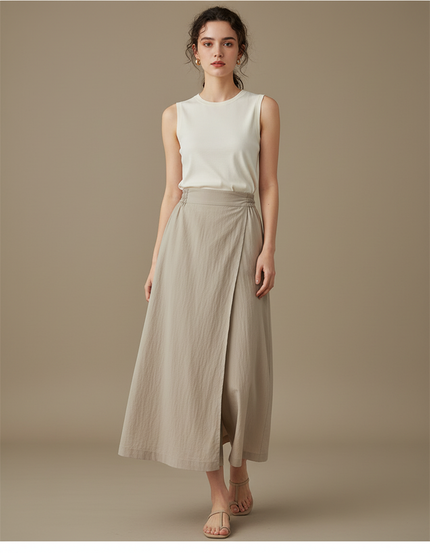 Pantalon Jupe Beige Lin Ample Superposé Fluide
