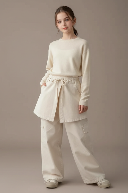 Pantalon Jupe Écru Cargo Ample Décontracté Coton - Beige Toile