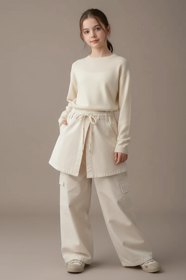 Pantalon Jupe Écru Cargo Ample Décontracté Coton - Beige Toile
