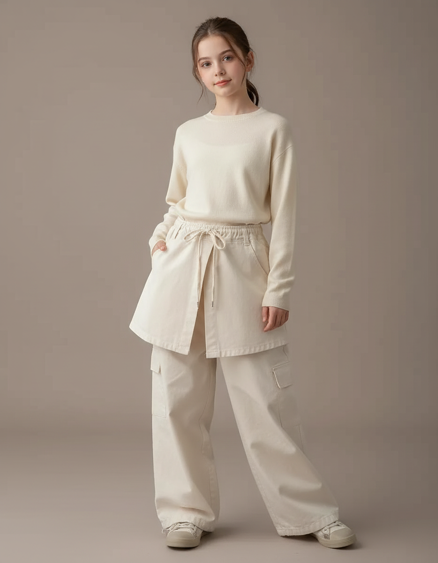Pantalon Jupe Écru Cargo Ample Décontracté Coton - Beige Toile
