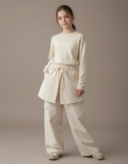 Pantalon Jupe Écru Cargo Ample Décontracté Coton - Beige Toile