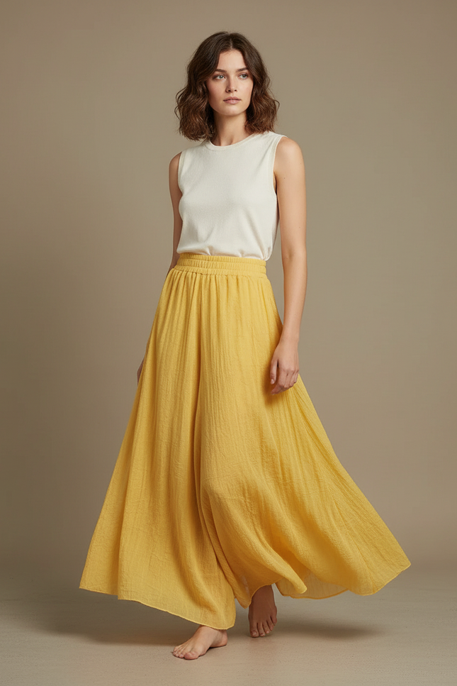 Pantalon Jupe Ample Coton Lin Jaune Fluide