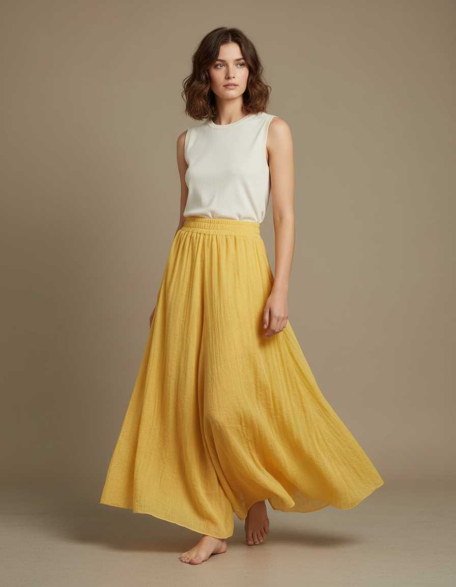 Pantalon Jupe Ample Coton Lin Jaune Fluide
