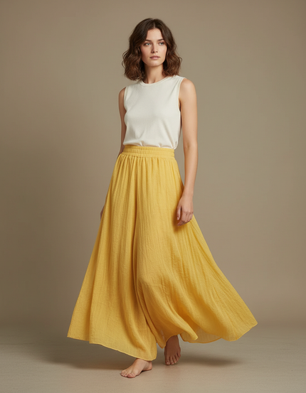 Pantalon Jupe Ample Coton Lin Jaune Fluide