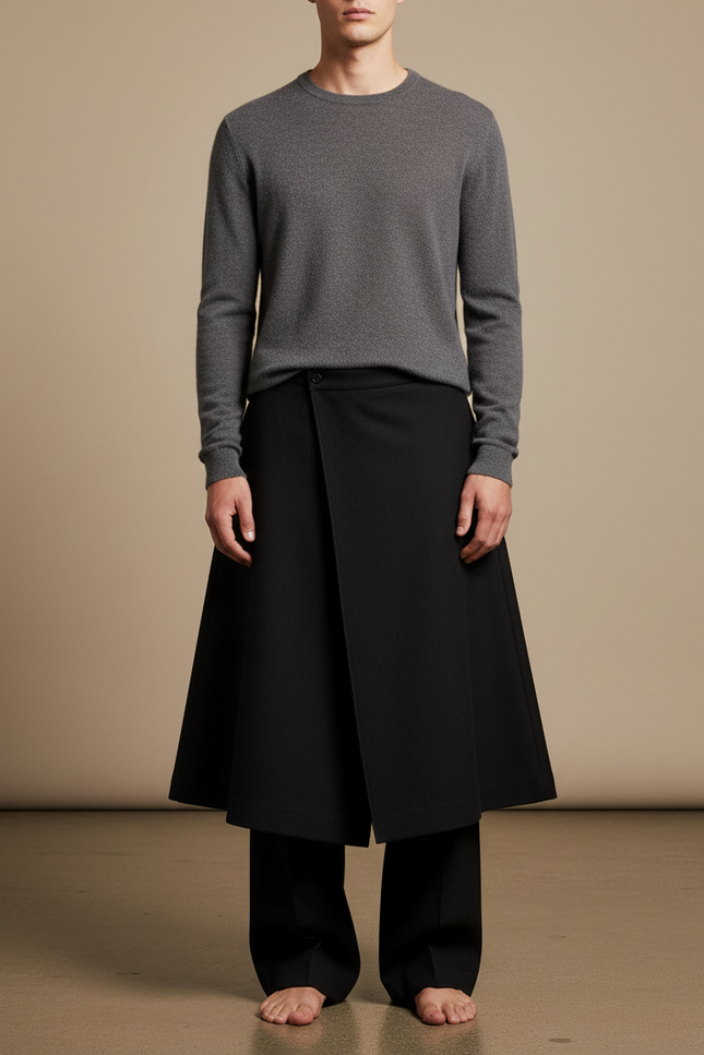 Pantalon Jupe Noir Long Asymétrique Élégant Homme - Laine