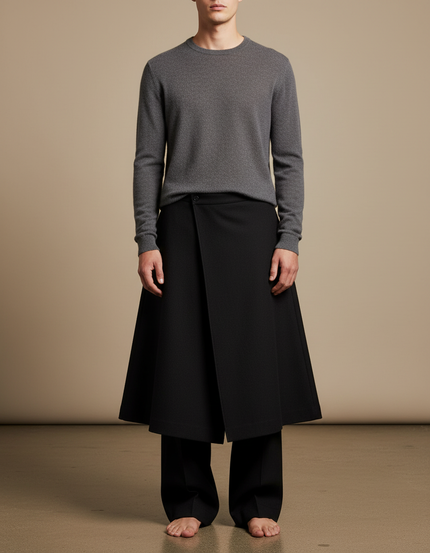 Pantalon Jupe Noir Long Asymétrique Élégant Homme - Laine