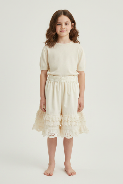 Pantalon Jupe Écru Dentelle Broderie Ample Coton Enfant - Beige