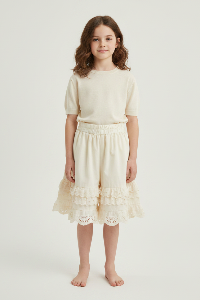 Pantalon Jupe Écru Dentelle Broderie Ample Coton Enfant - Beige