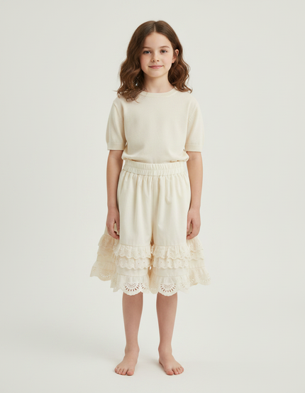 Pantalon Jupe Écru Dentelle Broderie Ample Coton Enfant - Beige