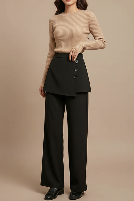 Pantalon Jupe Noir Superposé Boutonné Élégant - Polyester