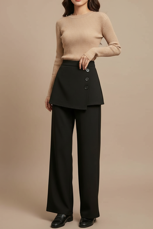 Pantalon Jupe Noir Superposé Boutonné Élégant - Polyester