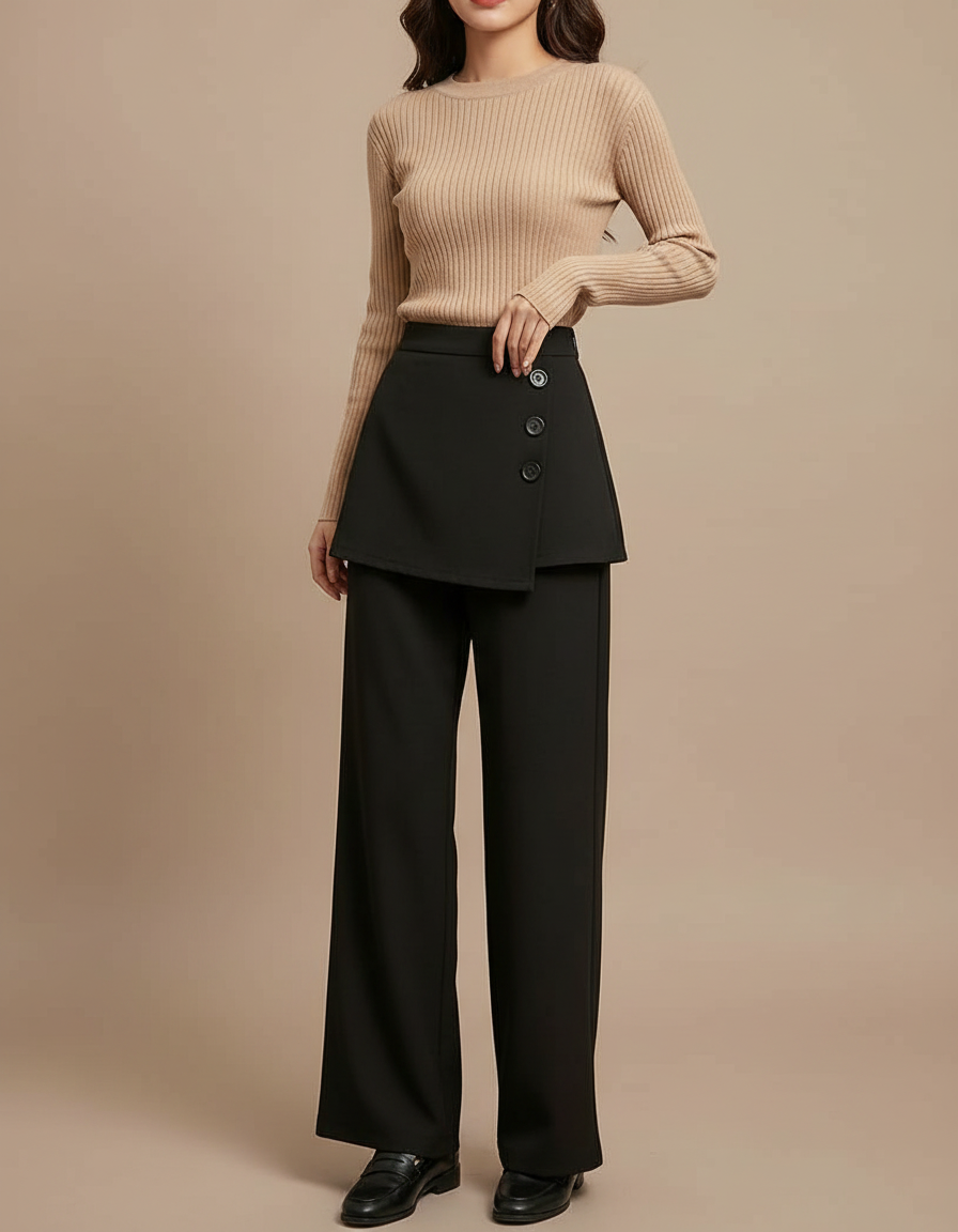 Pantalon Jupe Noir Superposé Boutonné Élégant - Polyester