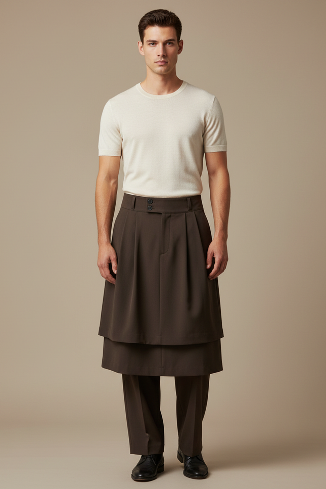 Pantalon Jupe Marron Plissé Superposé Ample Élégant Homme - Gabardine