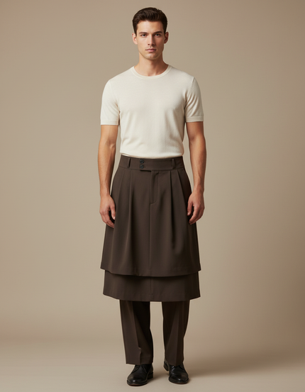 Pantalon Jupe Marron Plissé Superposé Ample Élégant Homme - Gabardine