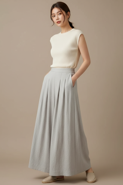Pantalon Jupe Gris Lin Plissé Fluide Femme