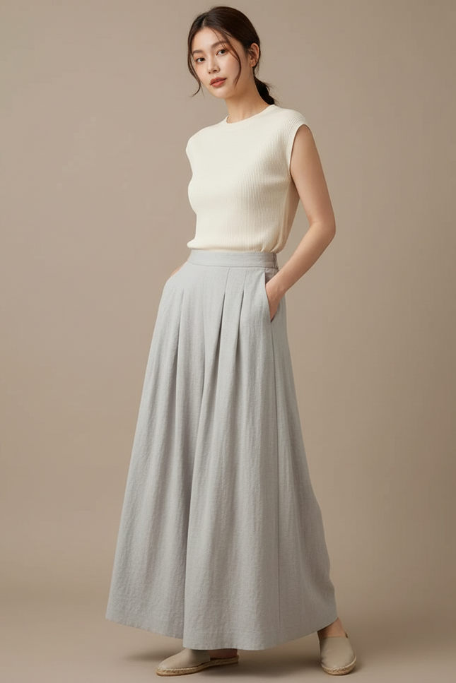 Pantalon Jupe Gris Lin Plissé Fluide Femme
