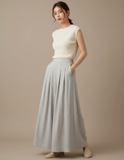 Pantalon Jupe Gris Lin Plissé Fluide Femme