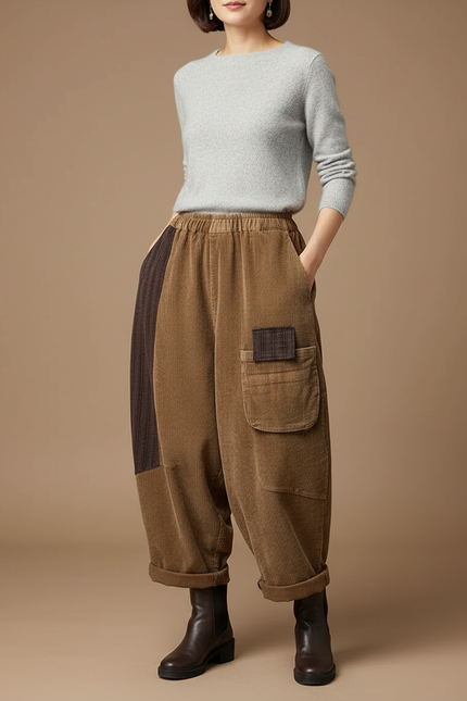 Pantalon Jupe Côtelé Marron Ample Vintage Patchwork - Cordé