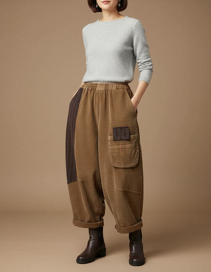 Pantalon Jupe Côtelé Marron Ample Vintage Patchwork - Cordé