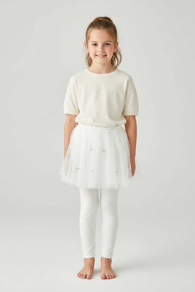 Pantalon Jupe Blanc Tulle Perlée Fille Confortable - Coton