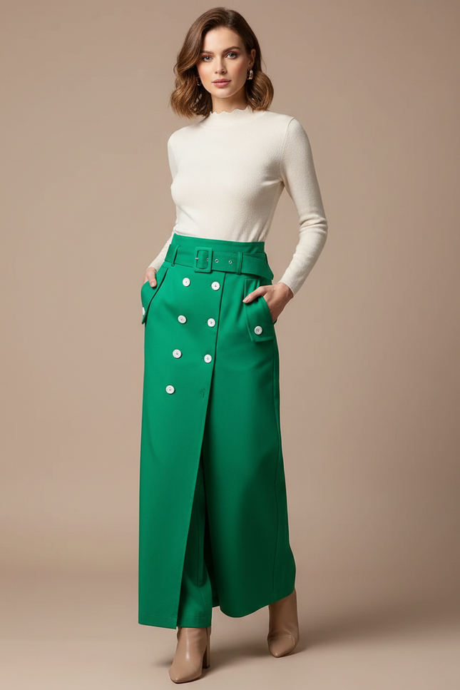 Pantalon Jupe Vert Boutons Ceinture Fendue Élégant - Polyester