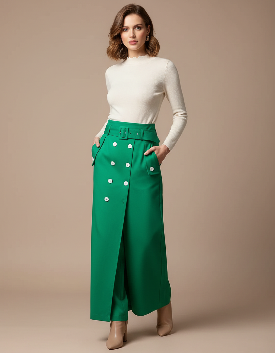 Pantalon Jupe Vert Boutons Ceinture Fendue Élégant - Polyester