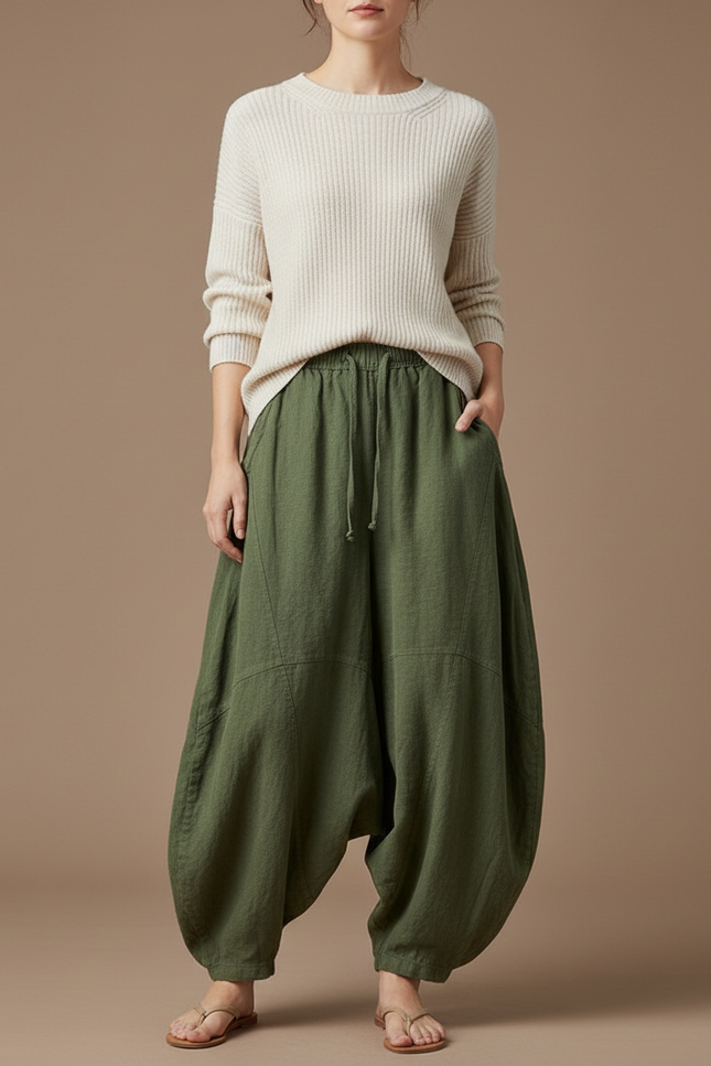 Pantalon Jupe Vert Militaire Lin Ample Décontracté - Kaki