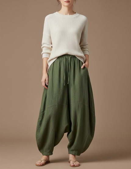 Pantalon Jupe Vert Militaire Lin Ample Décontracté - Kaki
