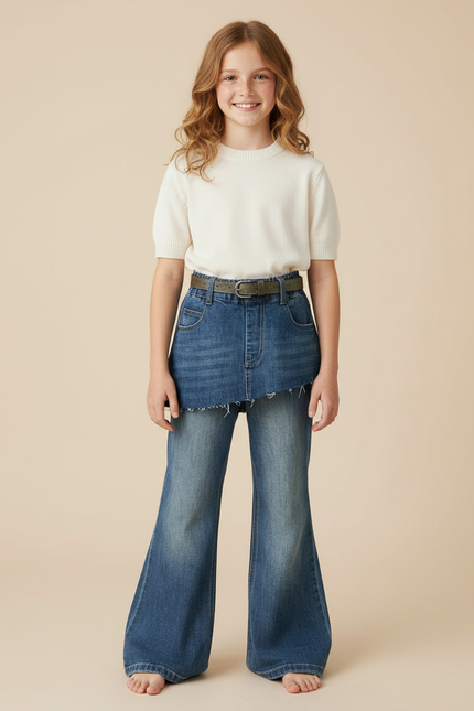 Pantalon Jupe Denim Bleu Évasé Superposé Enfant - Jean