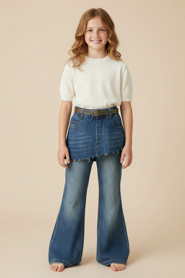 Pantalon Jupe Denim Bleu Évasé Superposé Enfant - Jean